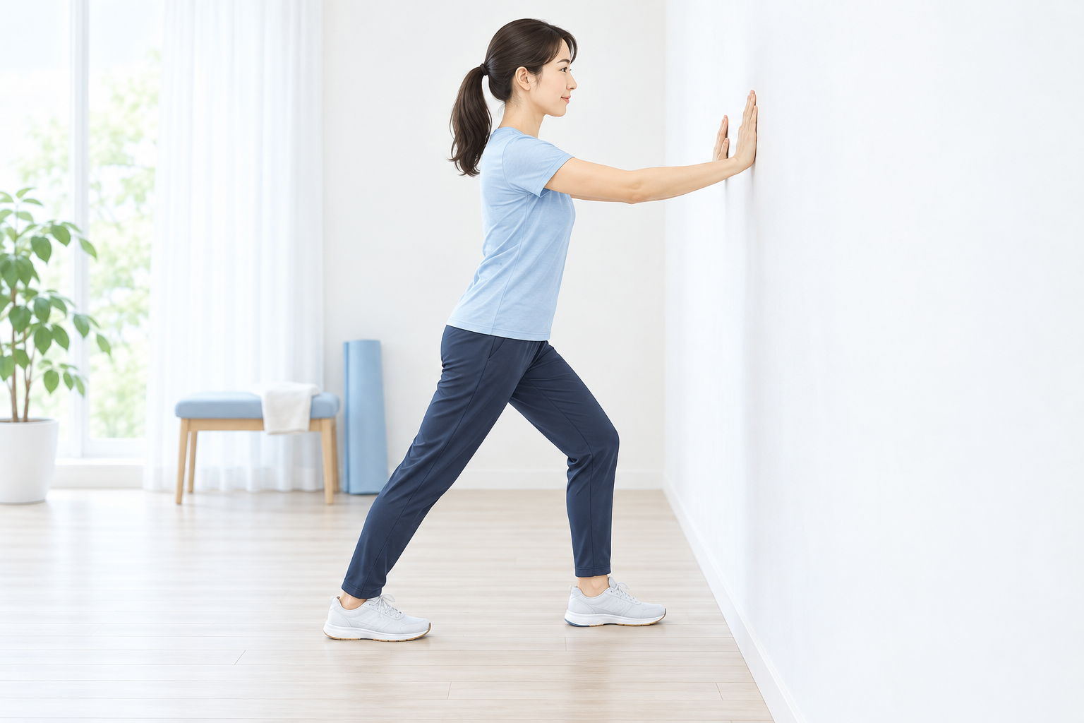 壁に両手をつき、前の膝を曲げて後ろのかかとを床につけたふくらはぎのストレッチ姿勢