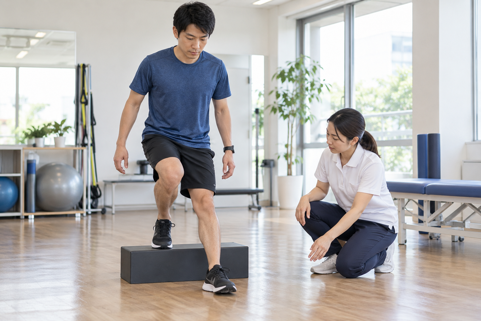 段差を下りる動作で膝と股関節の使い方を確認する様子