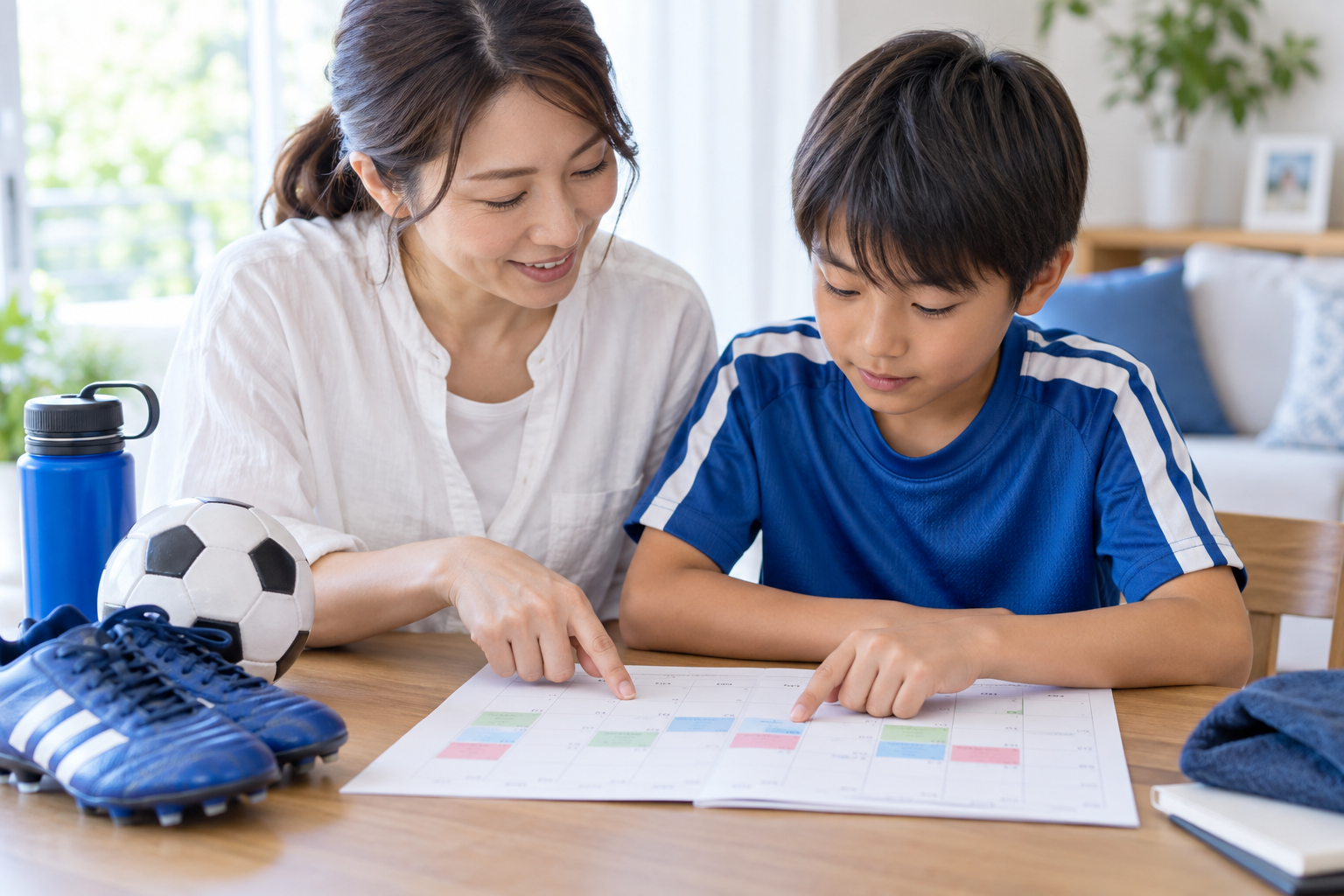 子どもと保護者が一週間のスポーツ活動を振り返る様子