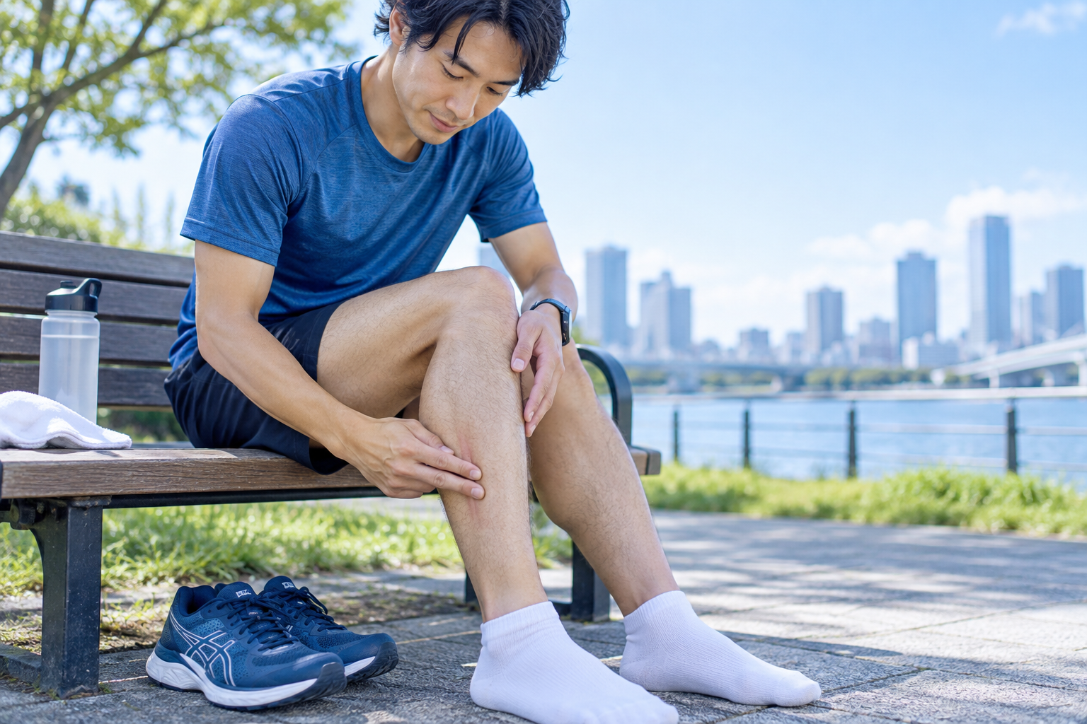 ランニング後にすねの内側の広い範囲を確認する様子