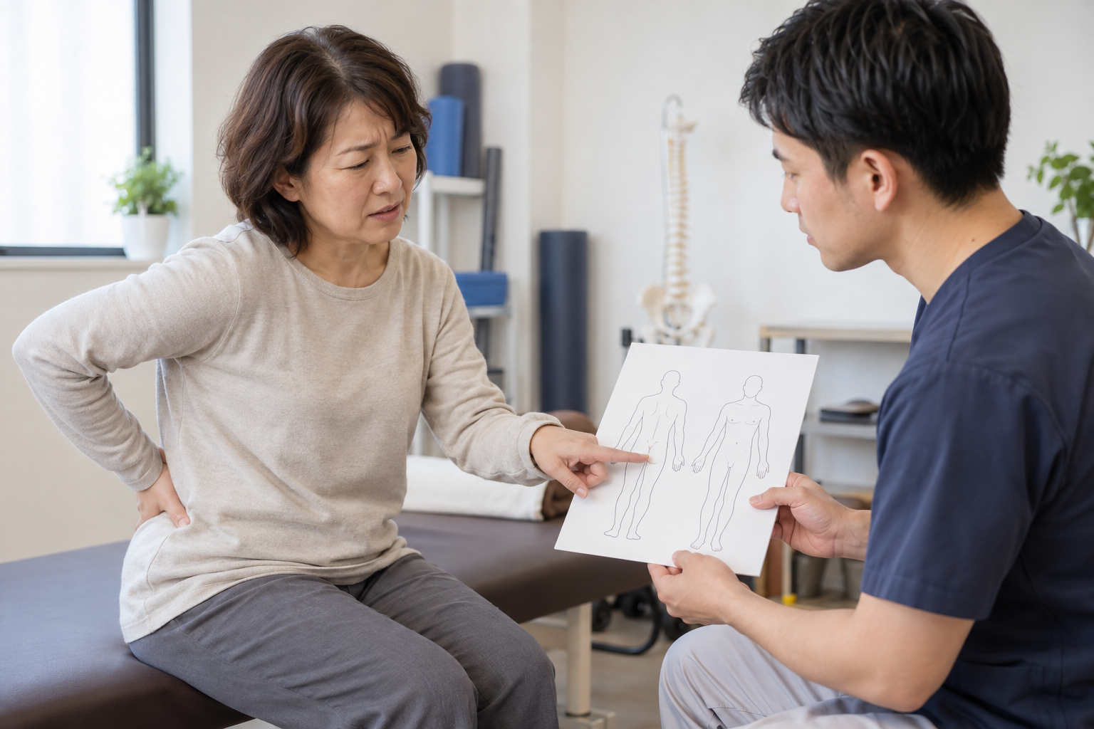 腰痛の場所と困っている動作を医療者に伝える女性