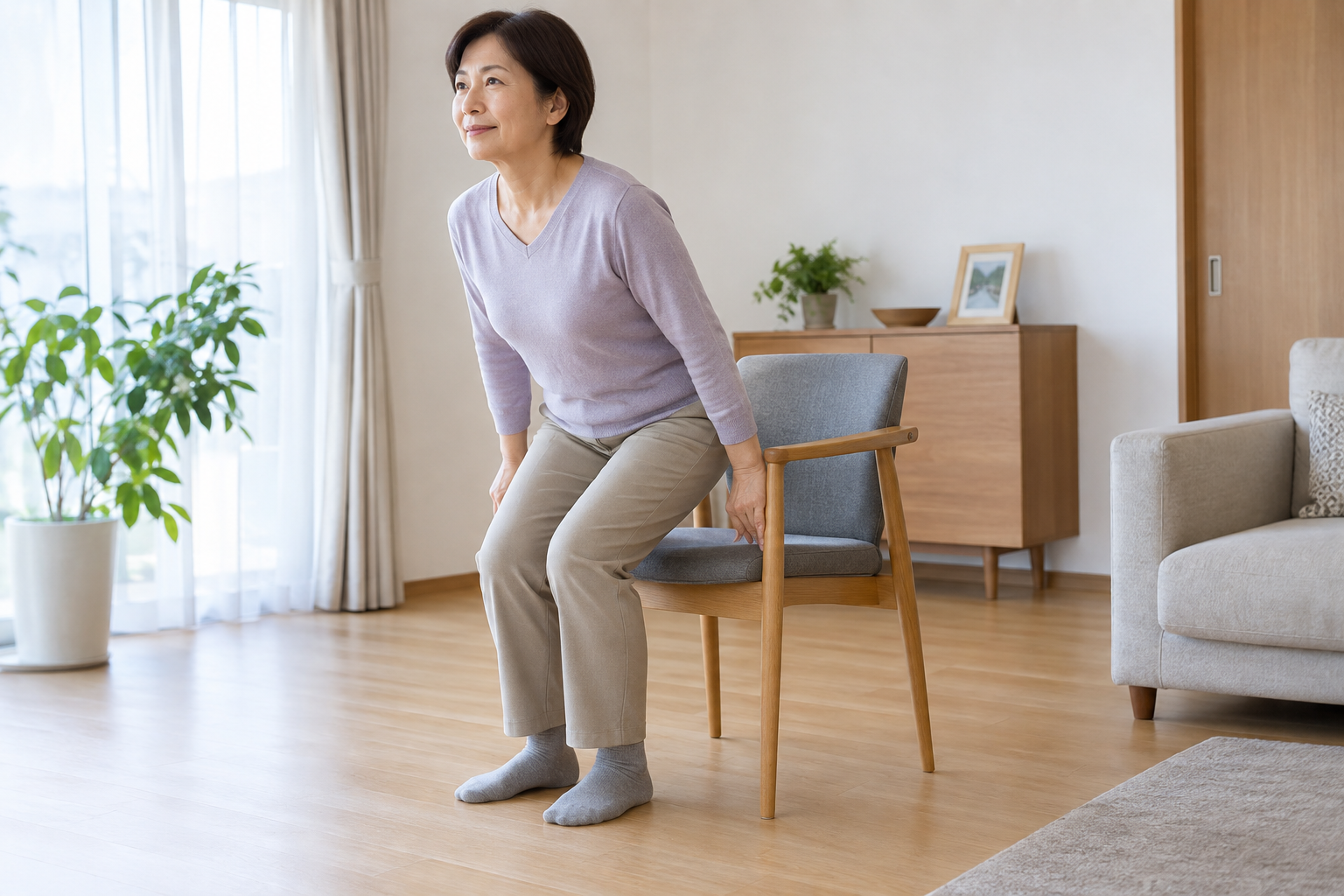 安定した椅子からゆっくり立ち上がる女性